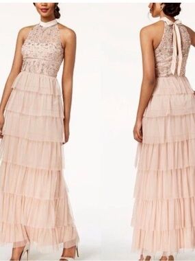 Adrianna Papell Blush Pink Tiered Tulle Skirt Beaded Bodice Ball Gown Dress Sz 6
